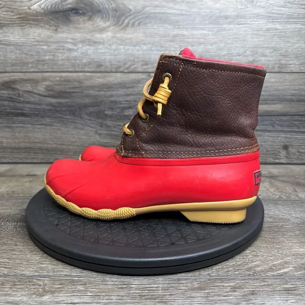Sperry Top-Sider Saltwater Rain Boots Leather Rubber Women's Size 7.5 Red Brown - Picture 3 of 10